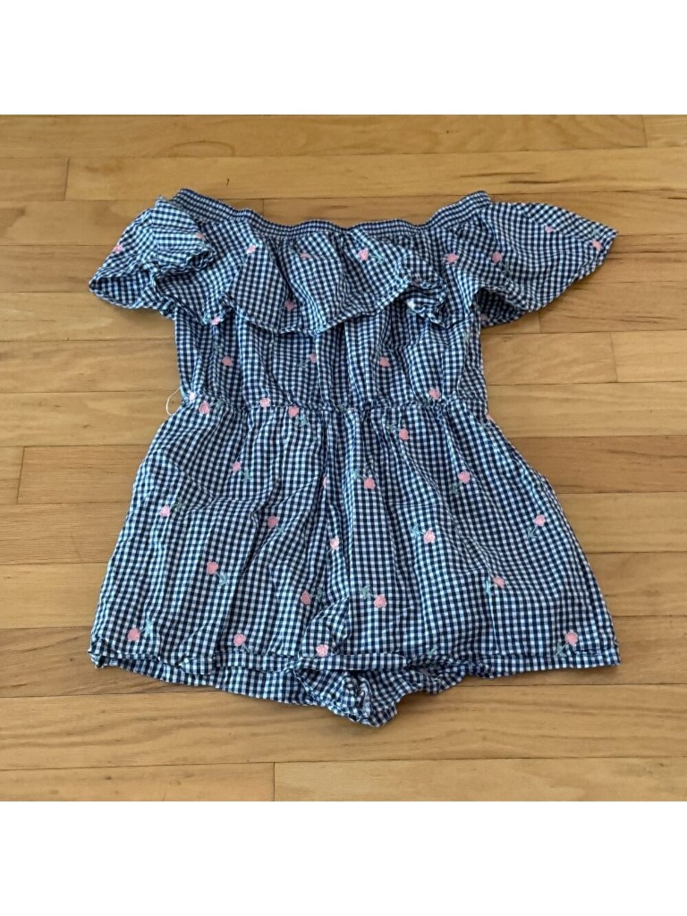 Unique Vintage  1X/16 Gingham Off-Shoulder Floral Embroidered Romper